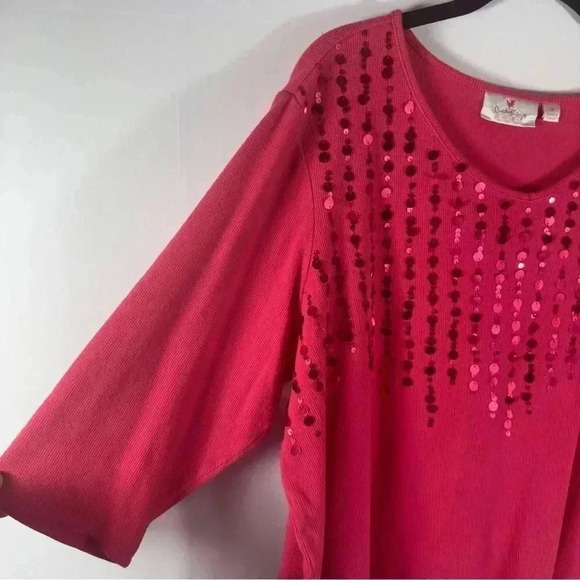 Quacker Factory Pink Ribbed Sequin 3/4 Sleeve Sweater Top Women Size 1X - Picture 3 of 12
